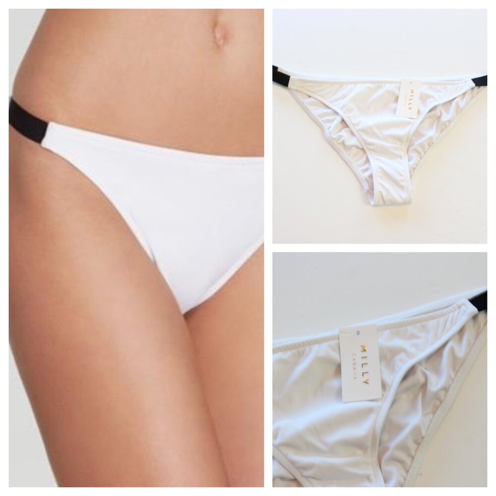 Milly Cabana Loulou Bikini Swim Bottom White Side Tab Black Large NWT